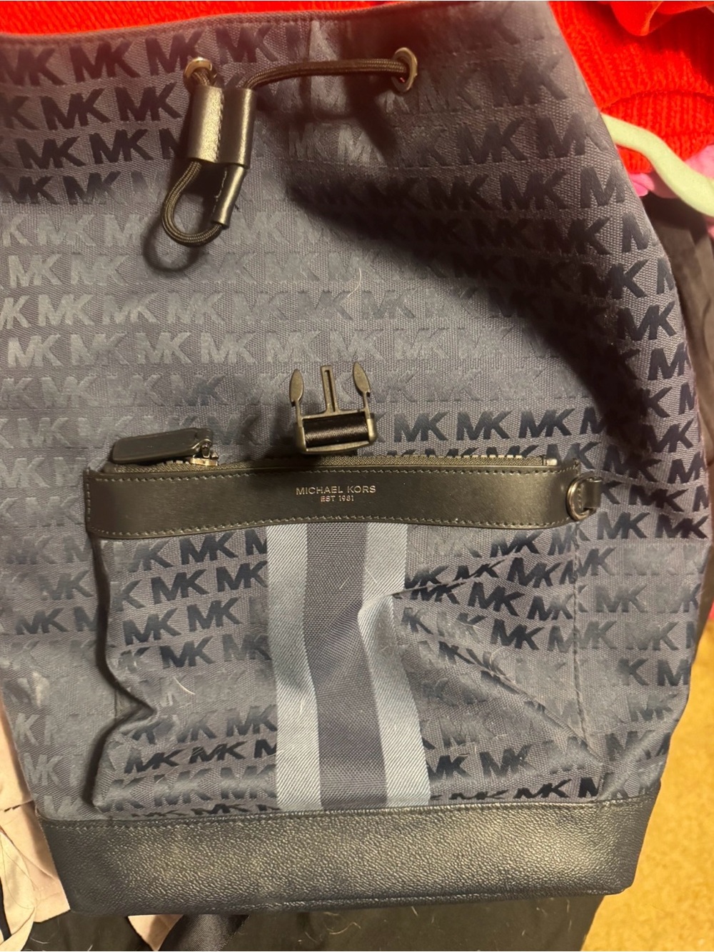 Michael Kors Navy Logo Drawstring Backpack with Stripe Detail